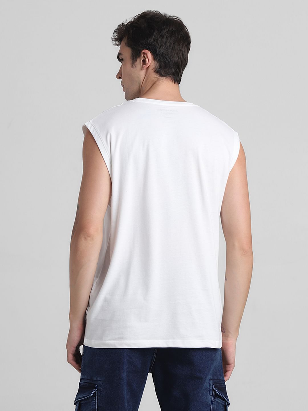 White Printed Sleeveless T-shirt