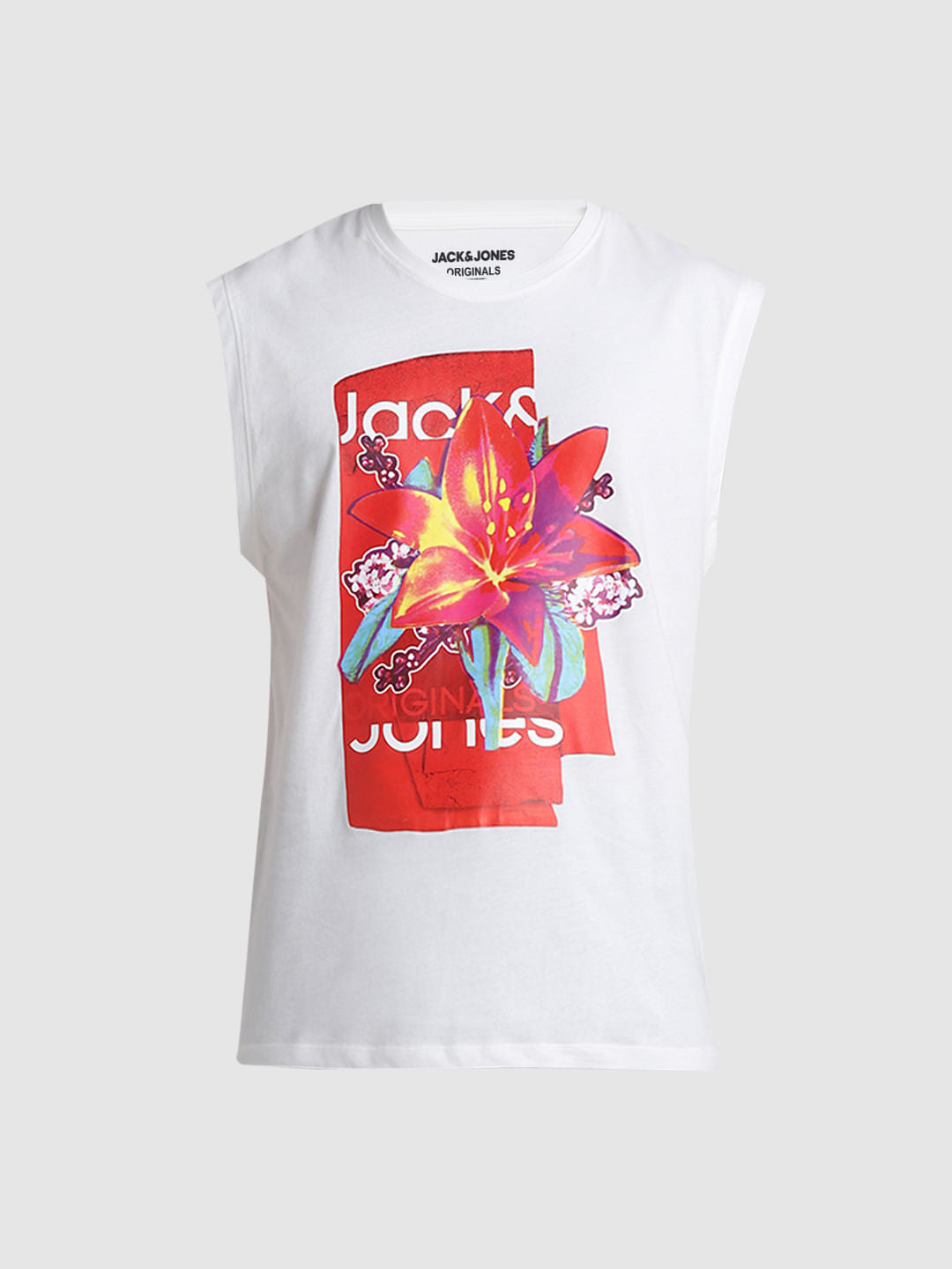 White Printed Sleeveless T-shirt