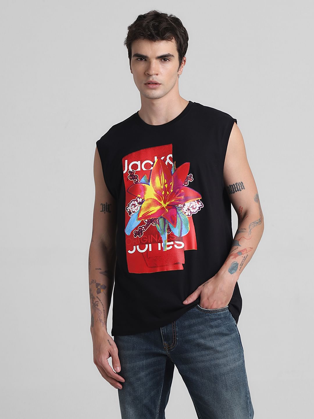 Black Printed Sleeveless T-shirt