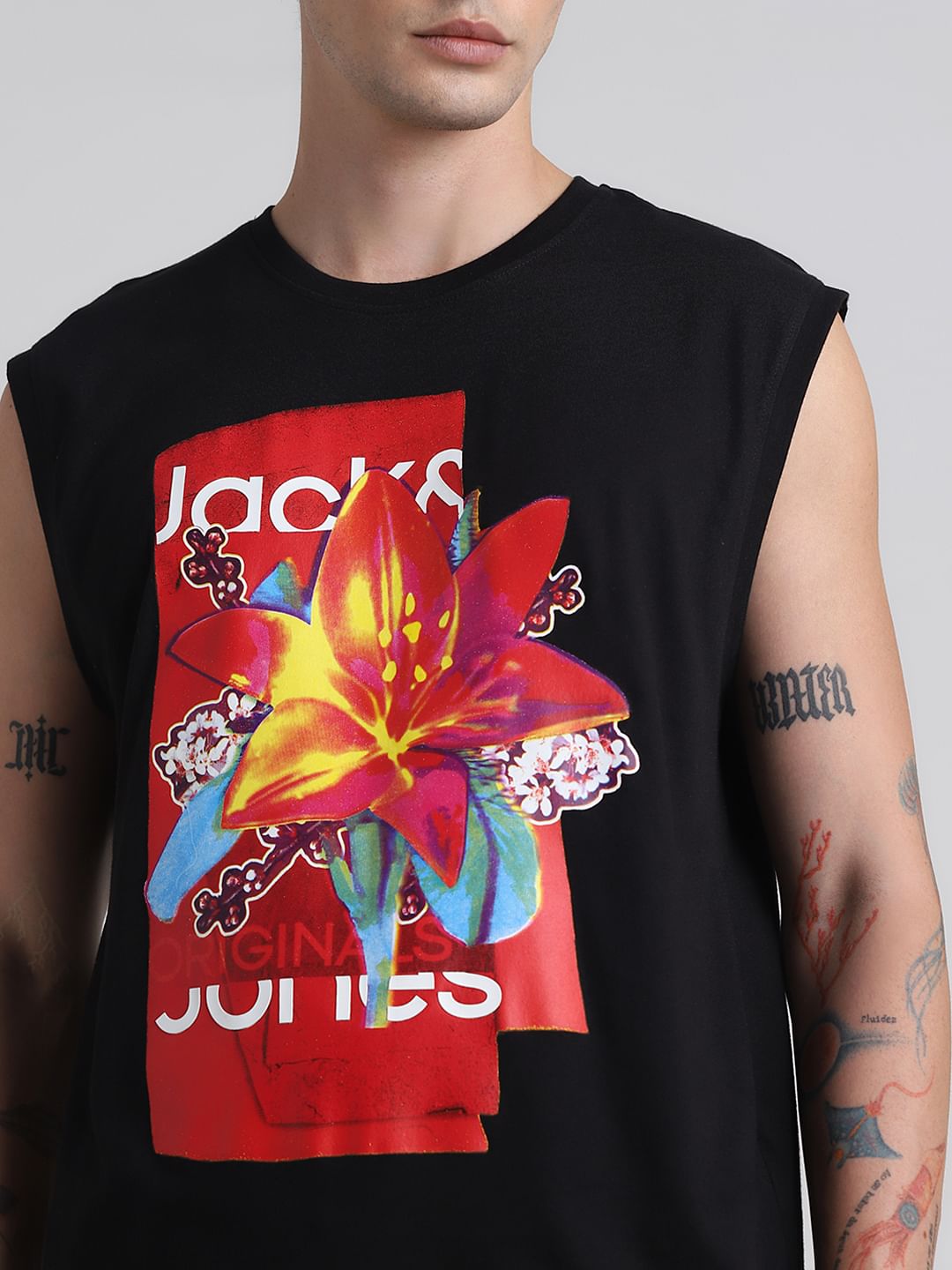 Black Printed Sleeveless T-shirt