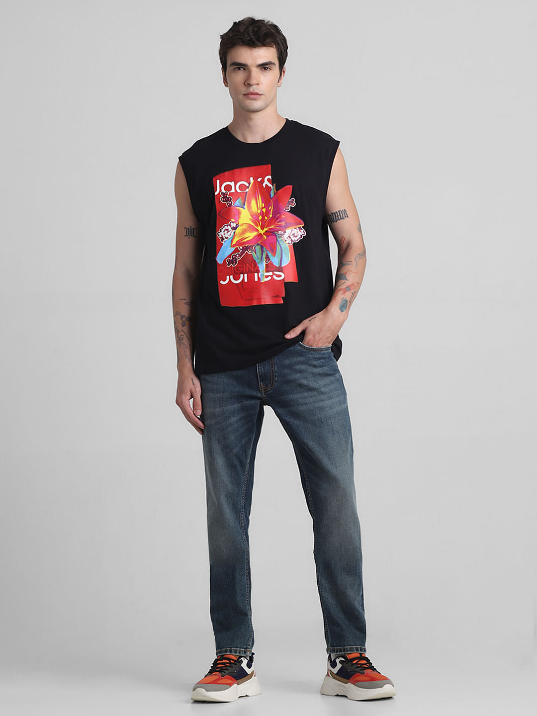 Black Printed Sleeveless T-shirt