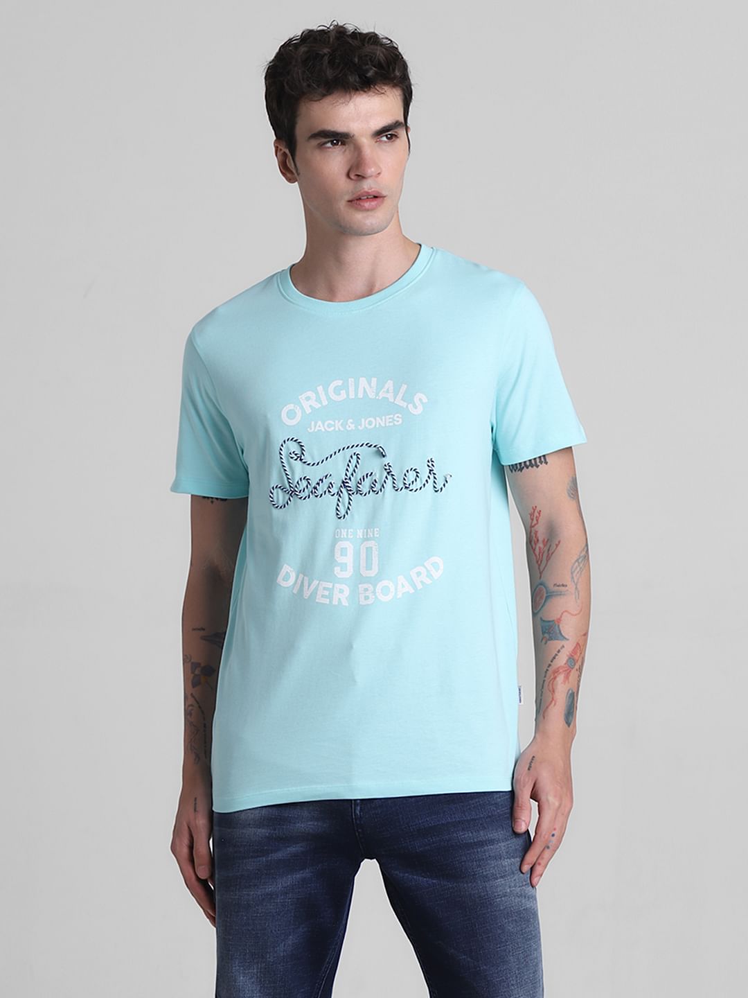 Blue Embroidered Crew Neck T-shirt