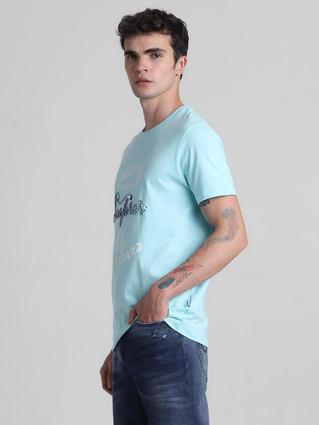 Blue Embroidered Crew Neck T-shirt