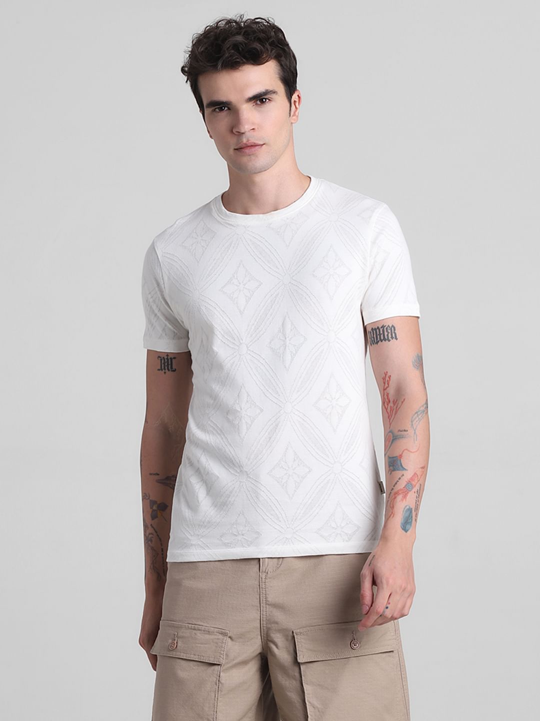 White Printed Jacquard Cotton T-shirt