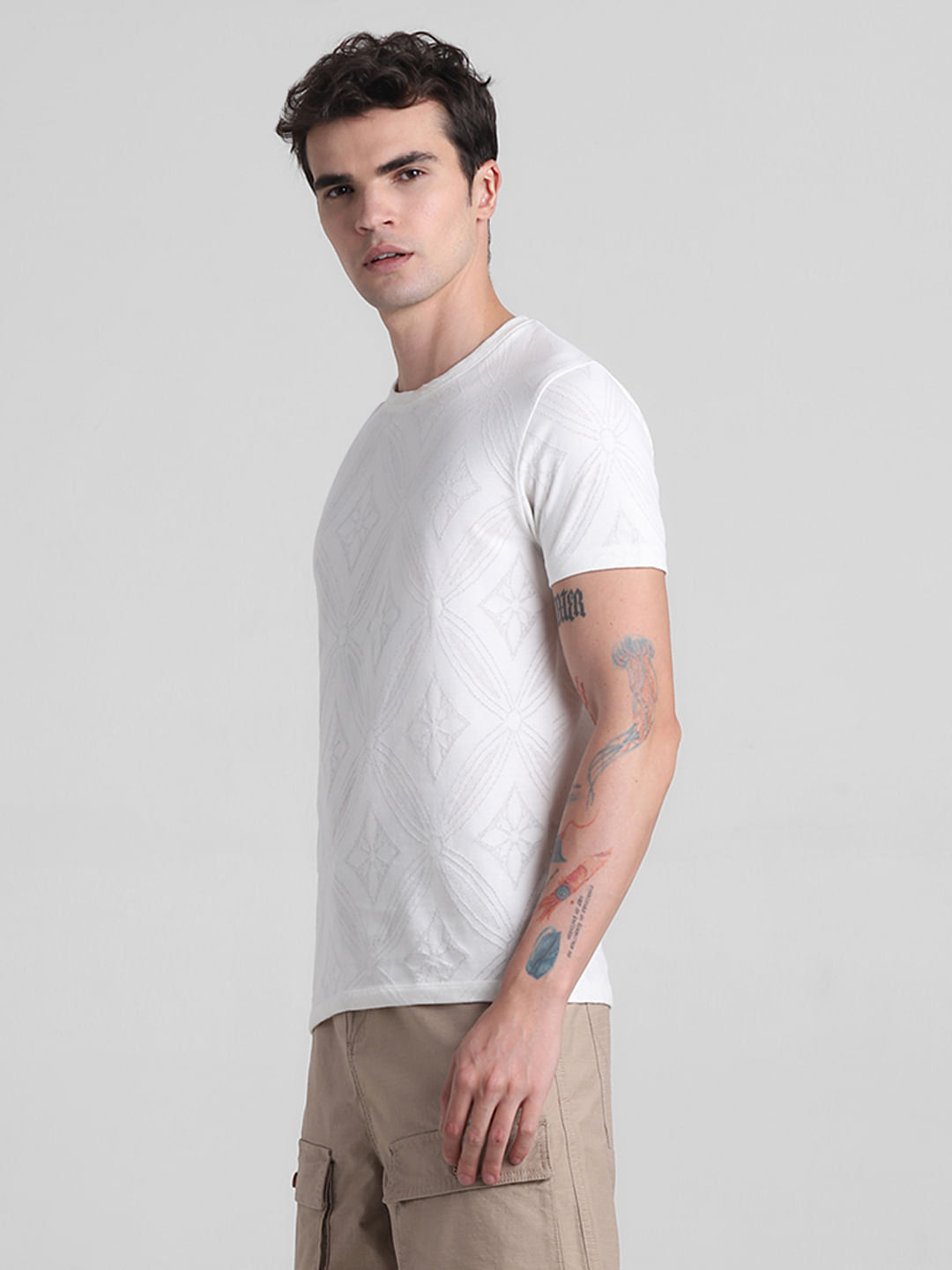 White Printed Jacquard Cotton T-shirt