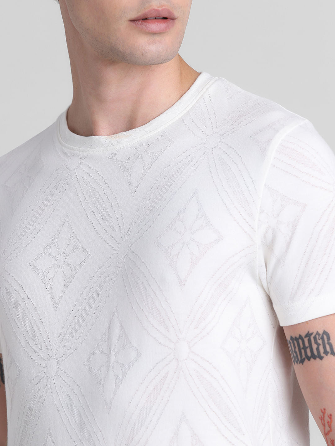 White Printed Jacquard Cotton T-shirt