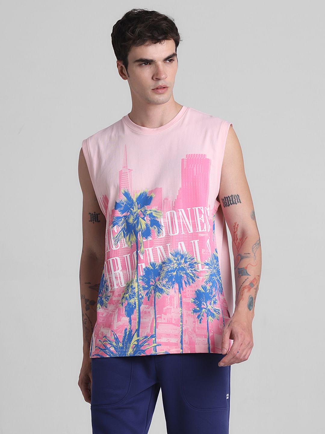 Pink Tropical Print Sleeveless T-shirt