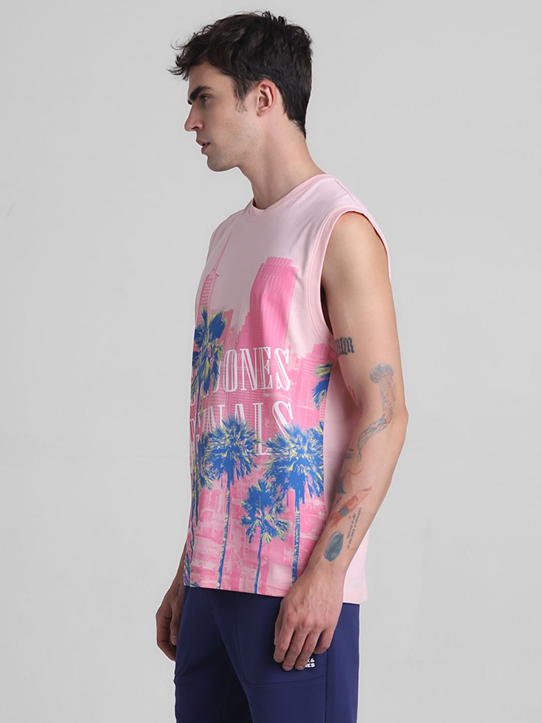 Pink Tropical Print Sleeveless T-shirt