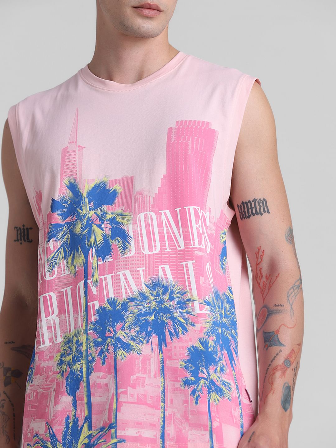 Pink Tropical Print Sleeveless T-shirt
