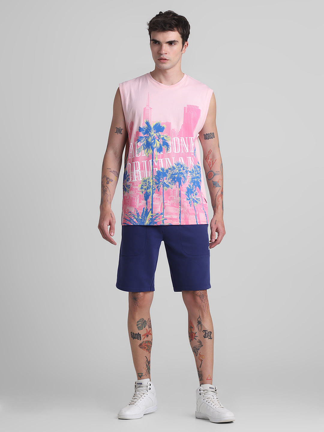 Pink Tropical Print Sleeveless T-shirt