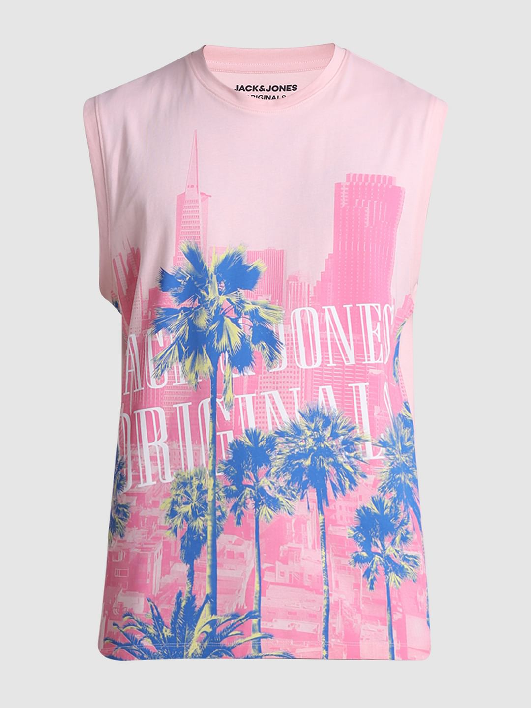 Pink Tropical Print Sleeveless T-shirt