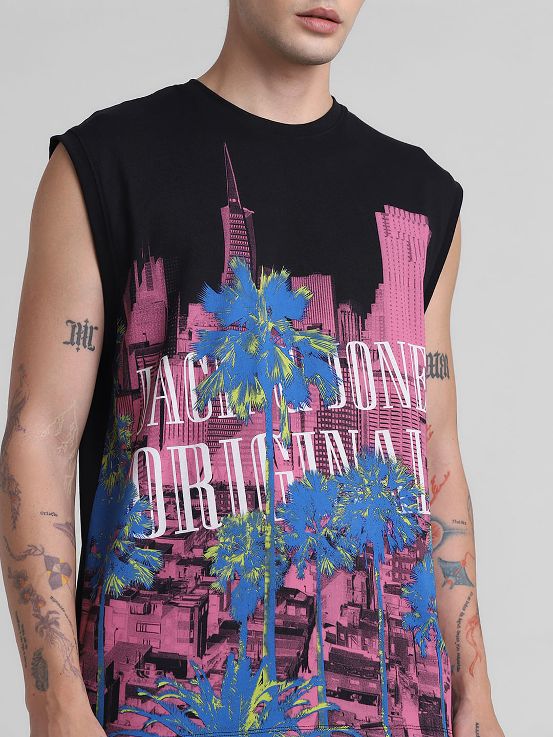 Black Tropical Print Sleeveless T-shirt