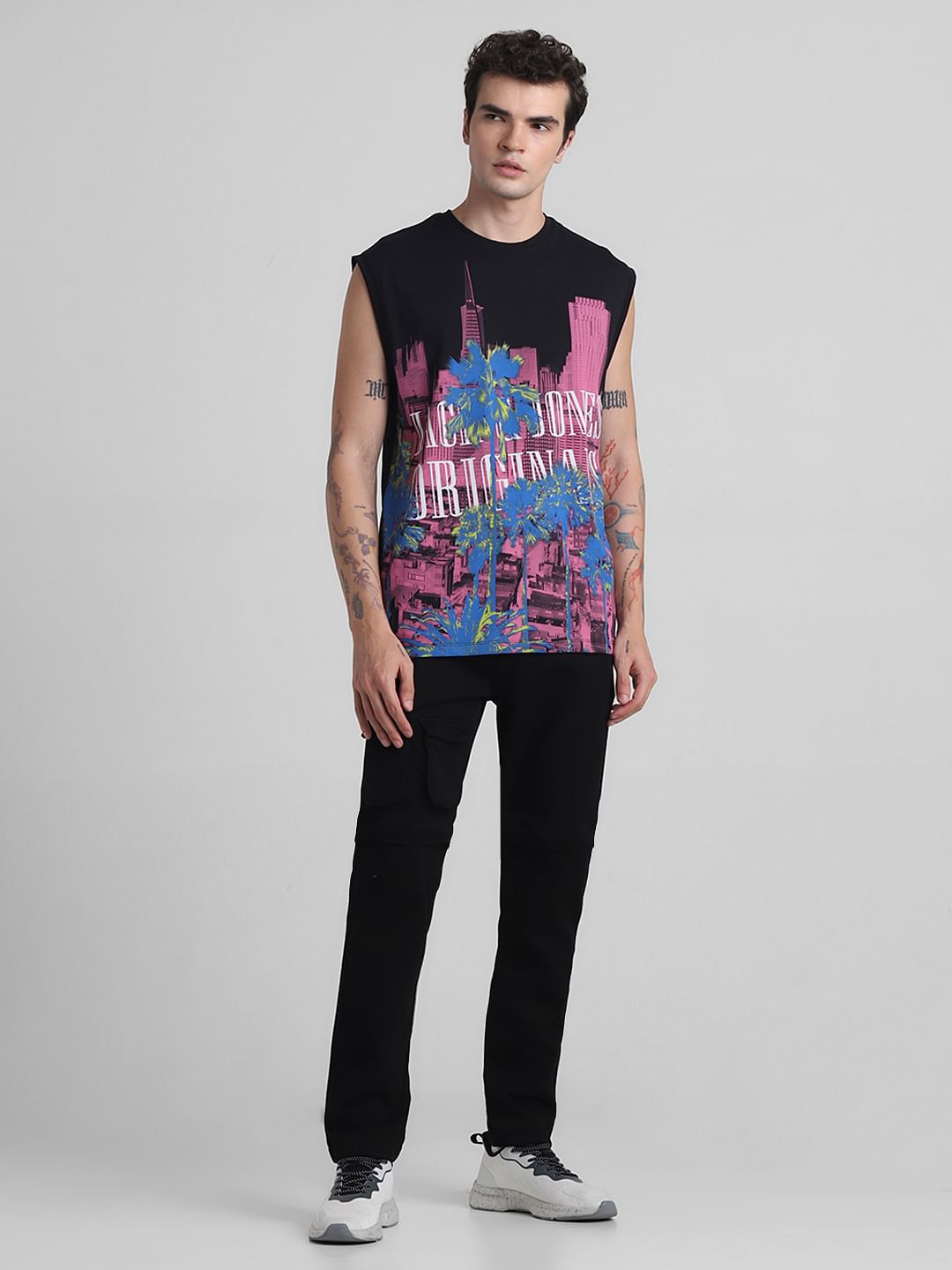 Black Tropical Print Sleeveless T-shirt