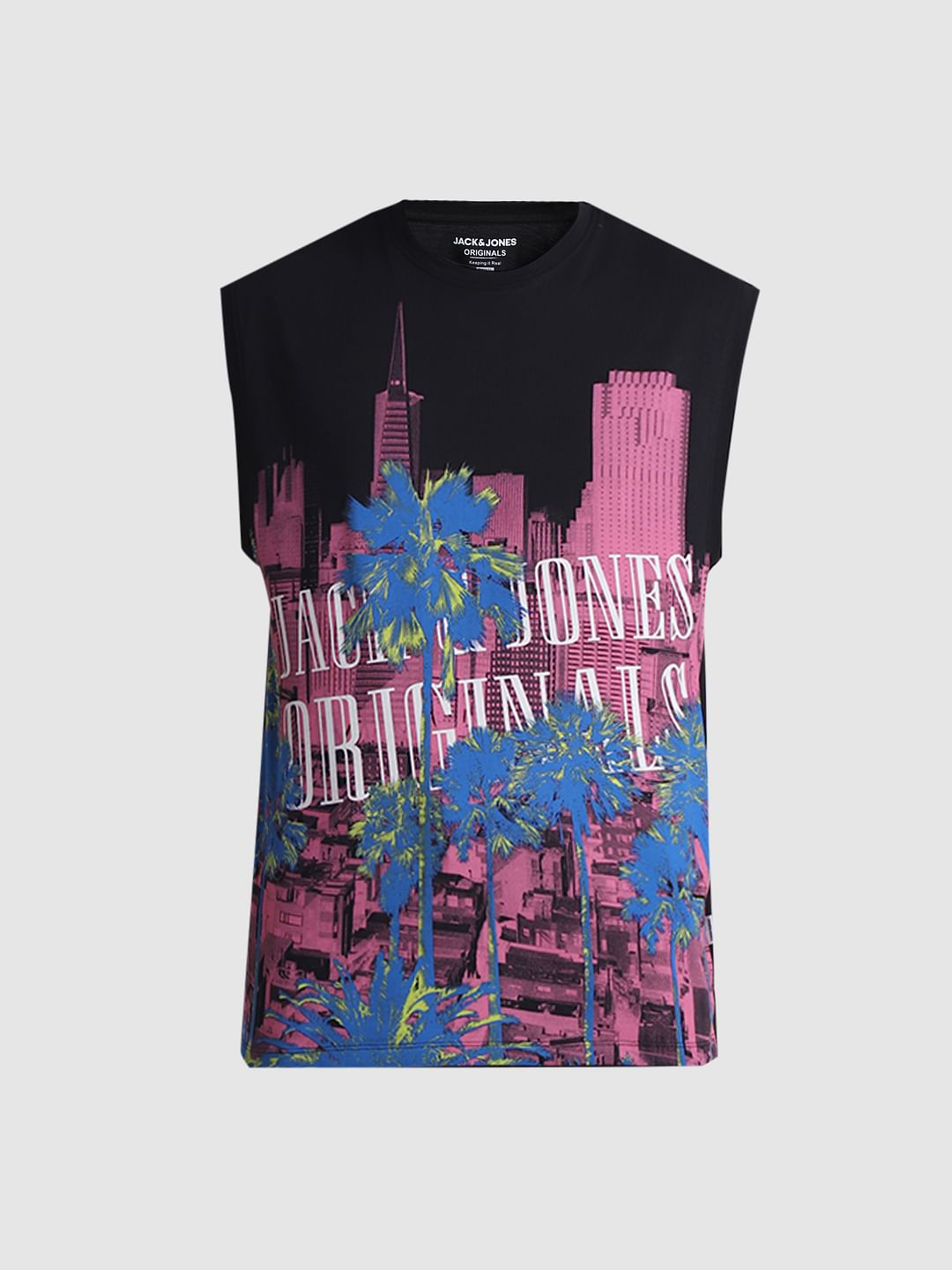 Black Tropical Print Sleeveless T-shirt