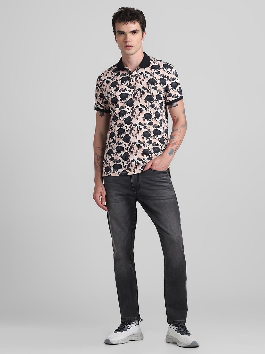 Pink & Black Floral Polo T-shirt
