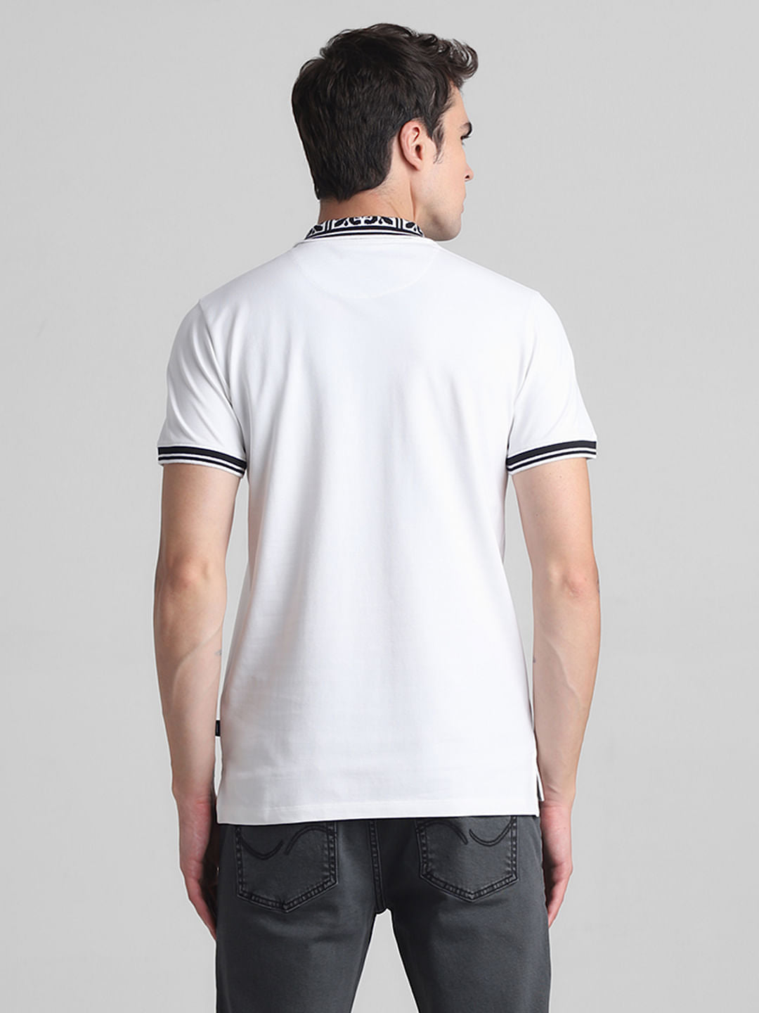 White Printed Collar Polo T-shirt