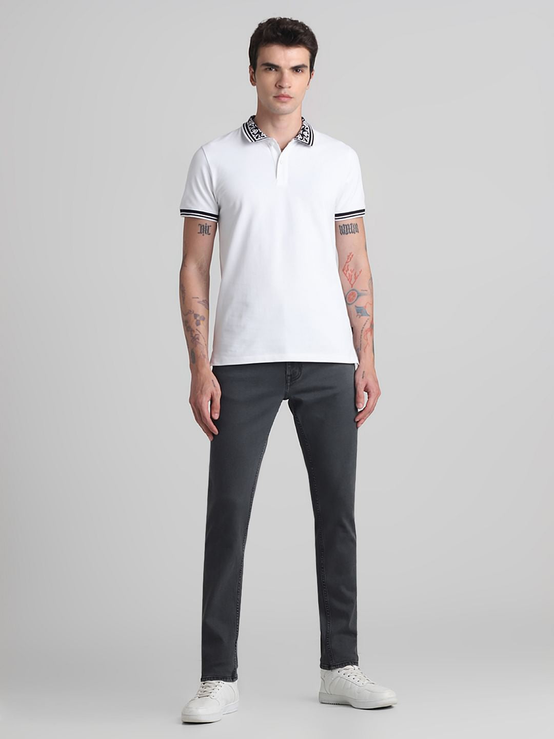 White Printed Collar Polo T-shirt
