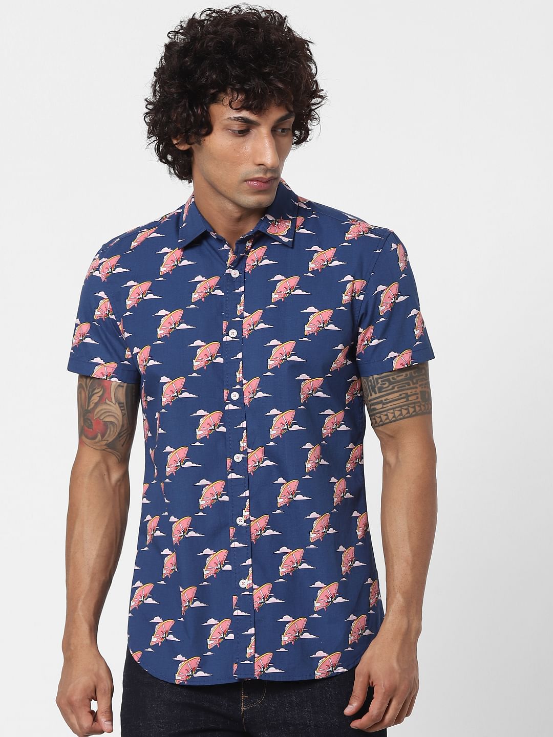 Blue UFO Print Half Sleeves Shirt