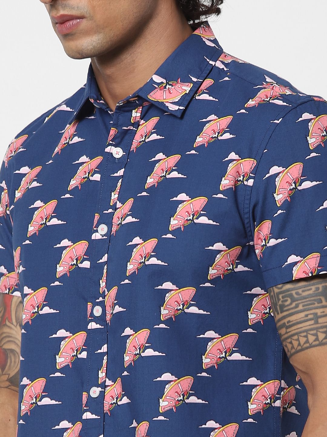 Blue UFO Print Half Sleeves Shirt