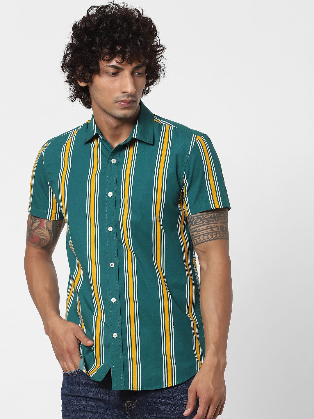 Green Striped Half Sleeves Shirt