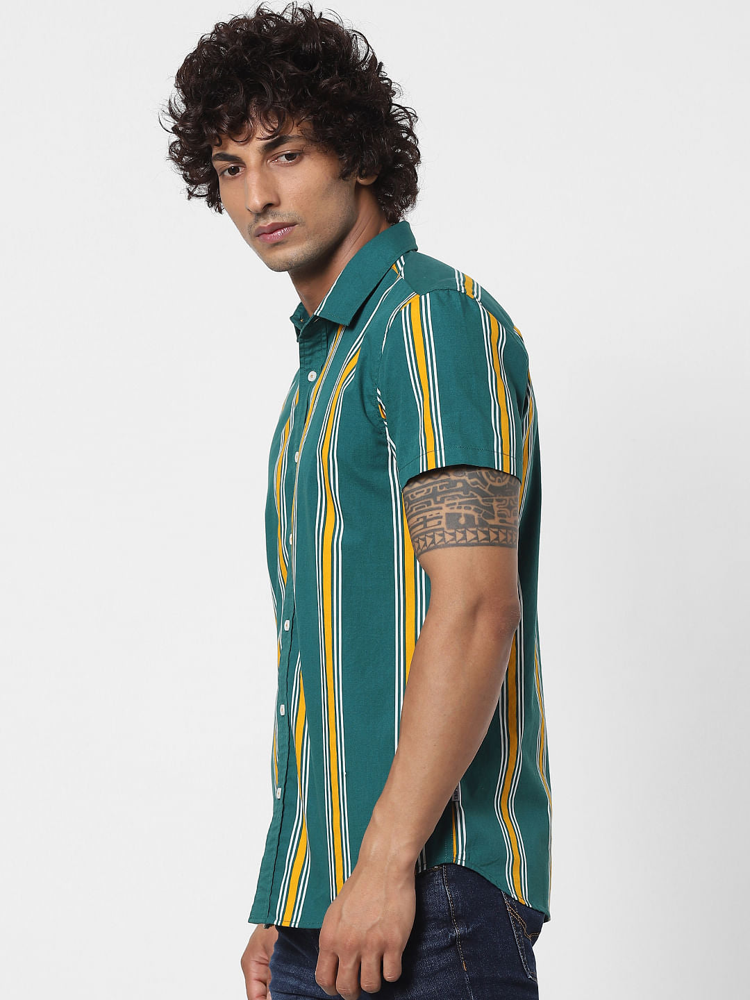 Green Striped Half Sleeves Shirt