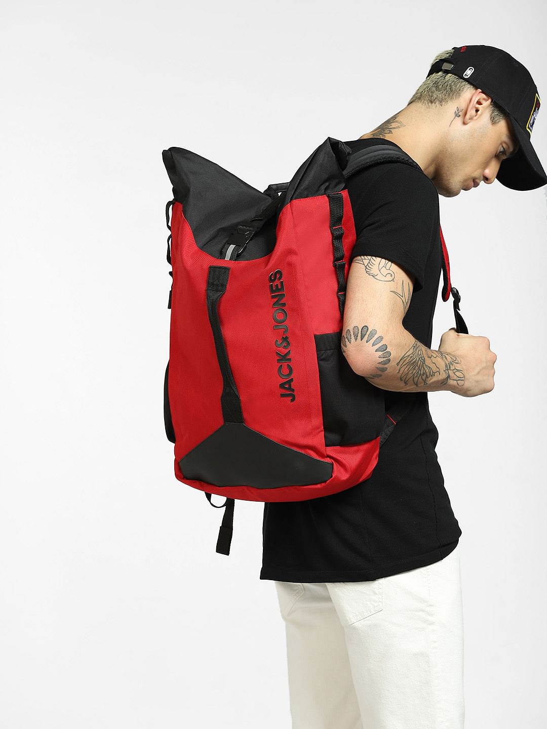 Red Colourblocked Roll Top Backpack