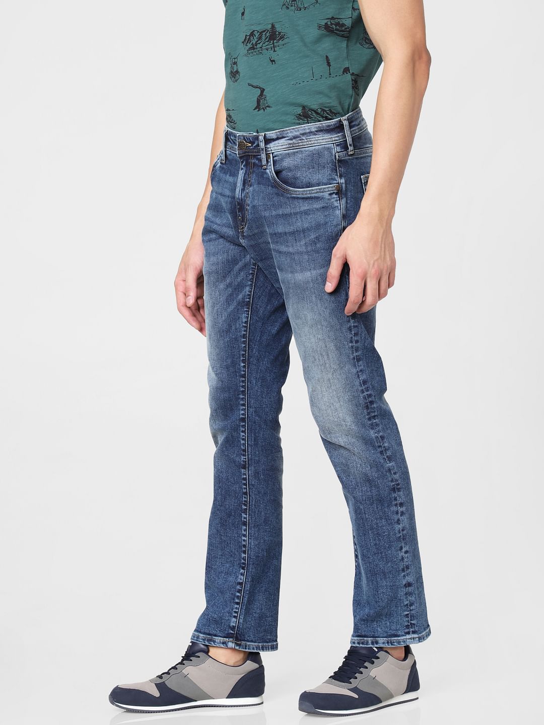 Blue Mid Rise Washed Clark Regular Fit Jeans