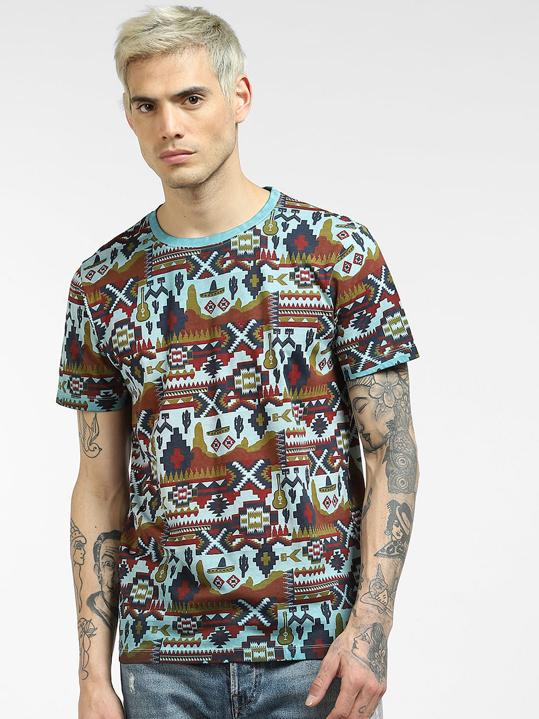 Blue Printed Crew Neck T-shirt