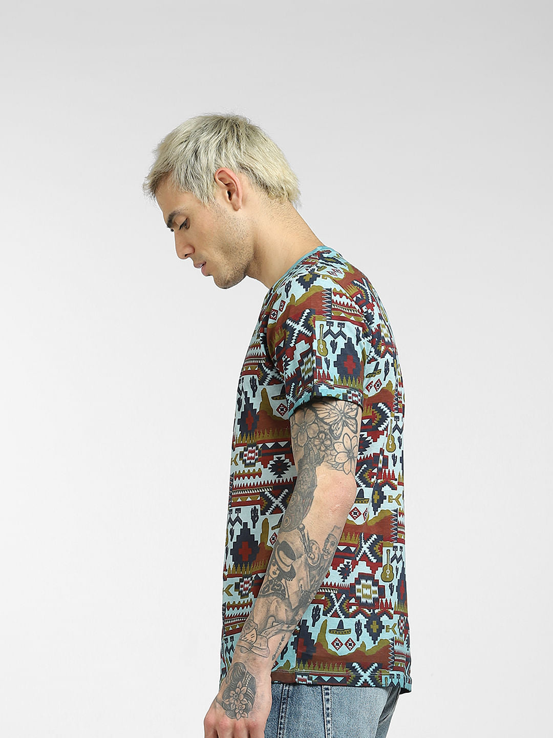 Blue Printed Crew Neck T-shirt