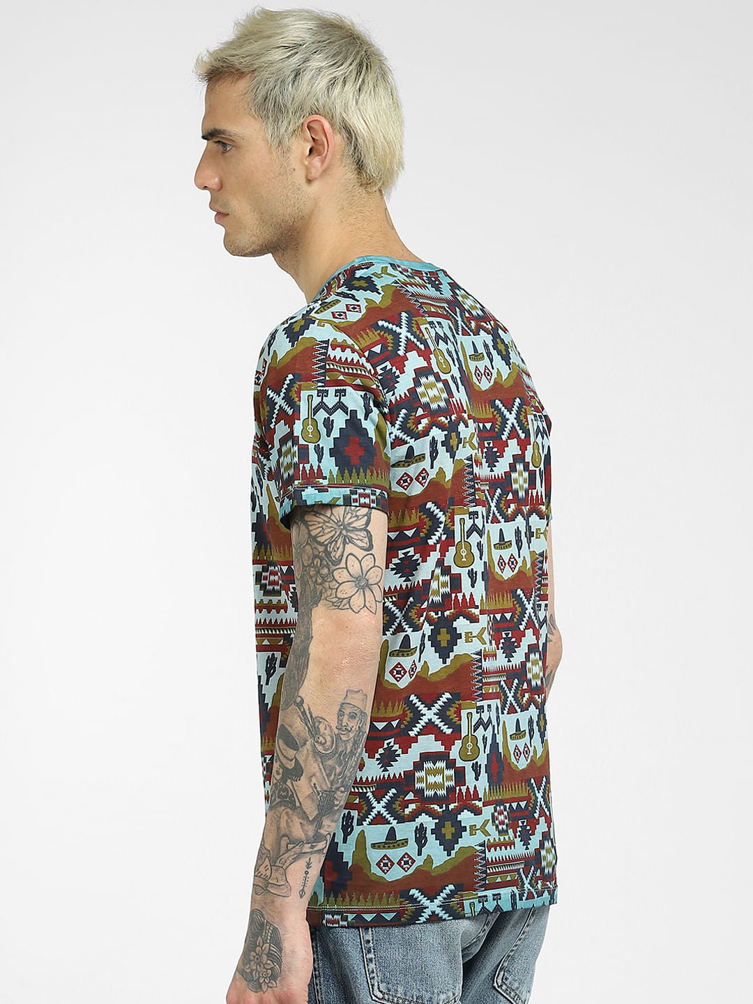 Blue Printed Crew Neck T-shirt