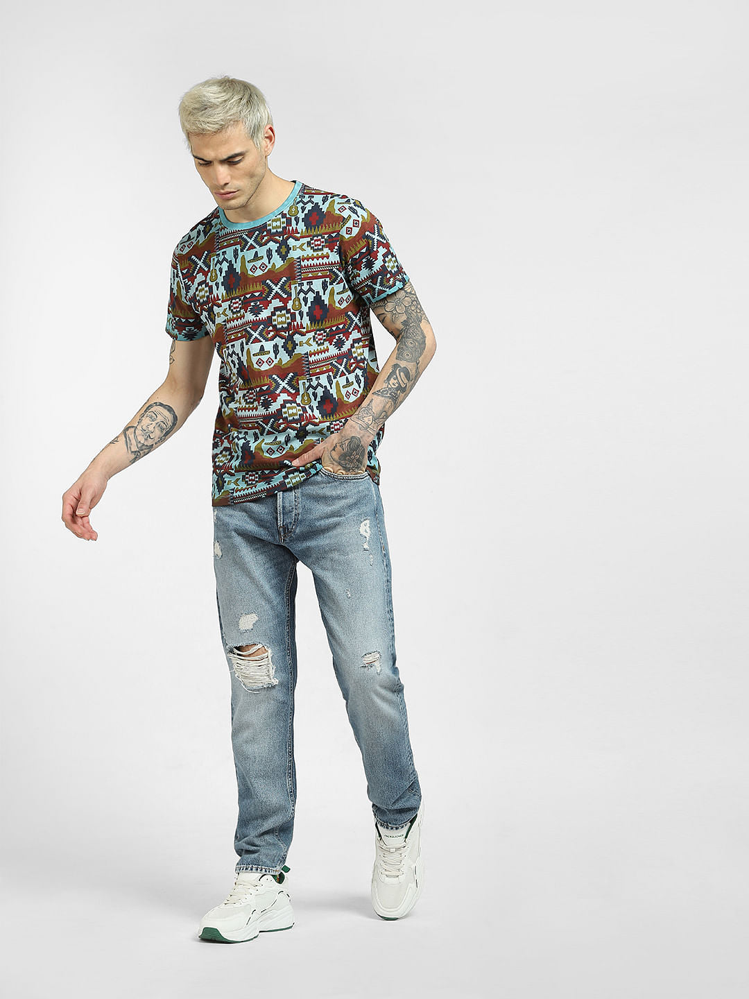 Blue Printed Crew Neck T-shirt