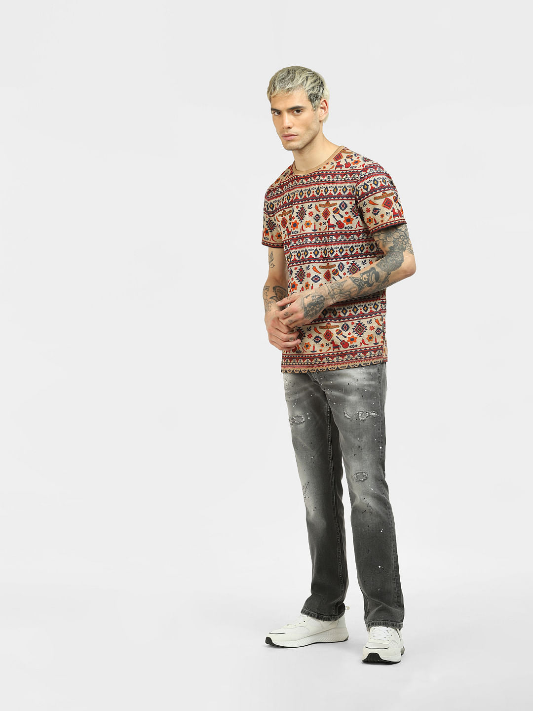 Brown Printed Crew Neck T-shirt