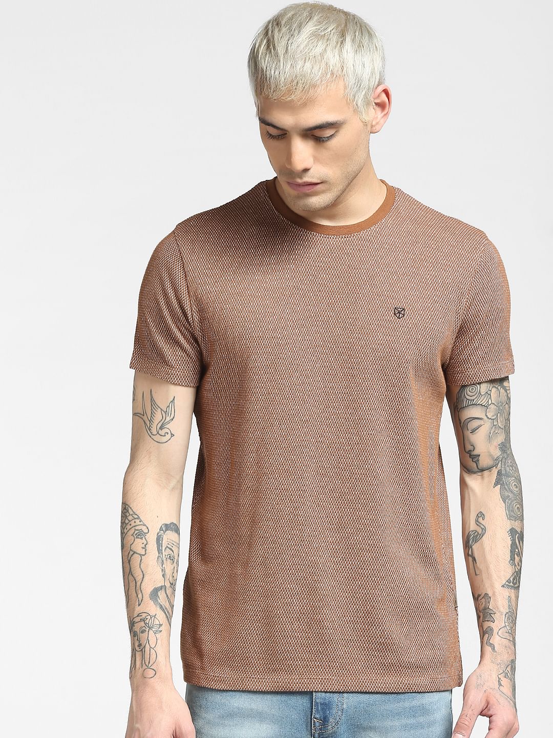 Brown Jacquard Crew Neck T-shirt