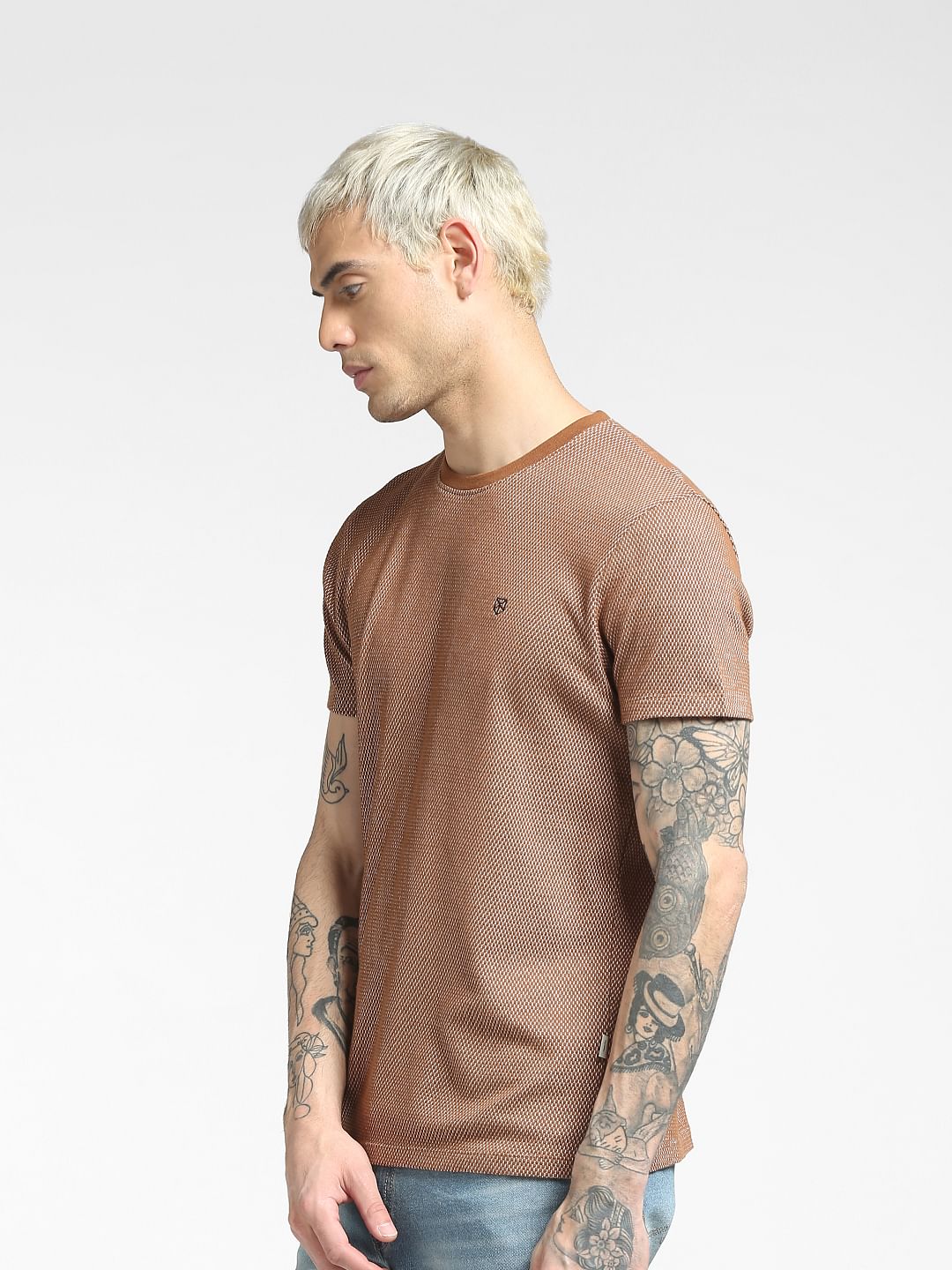Brown Jacquard Crew Neck T-shirt