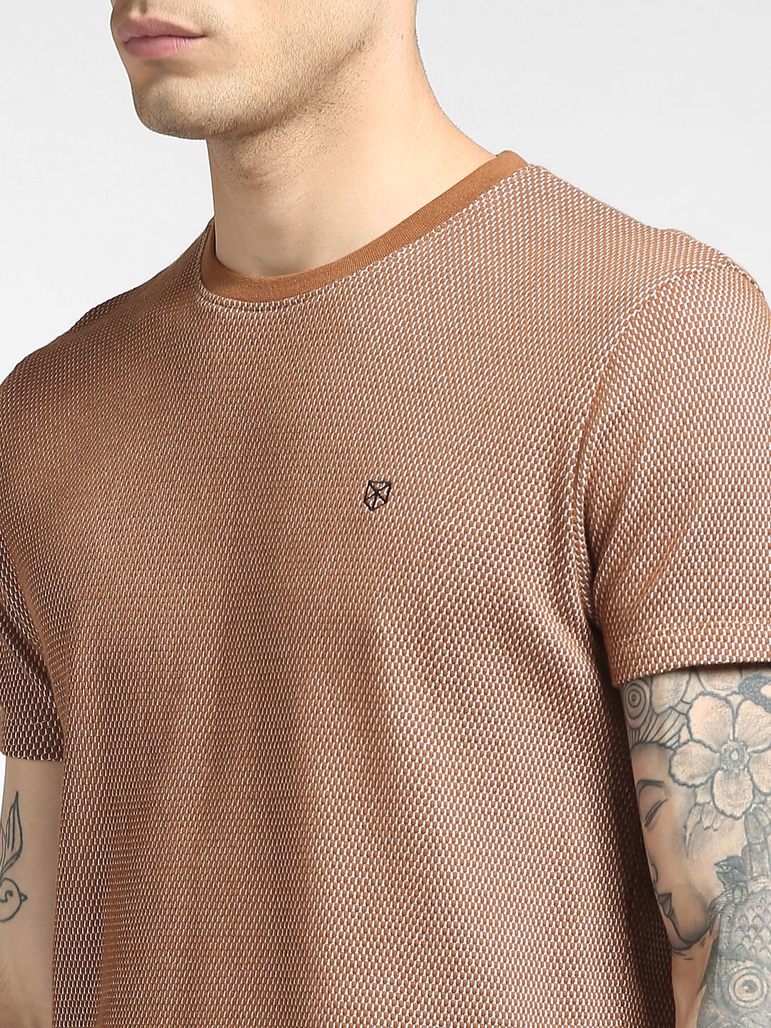 Brown Jacquard Crew Neck T-shirt