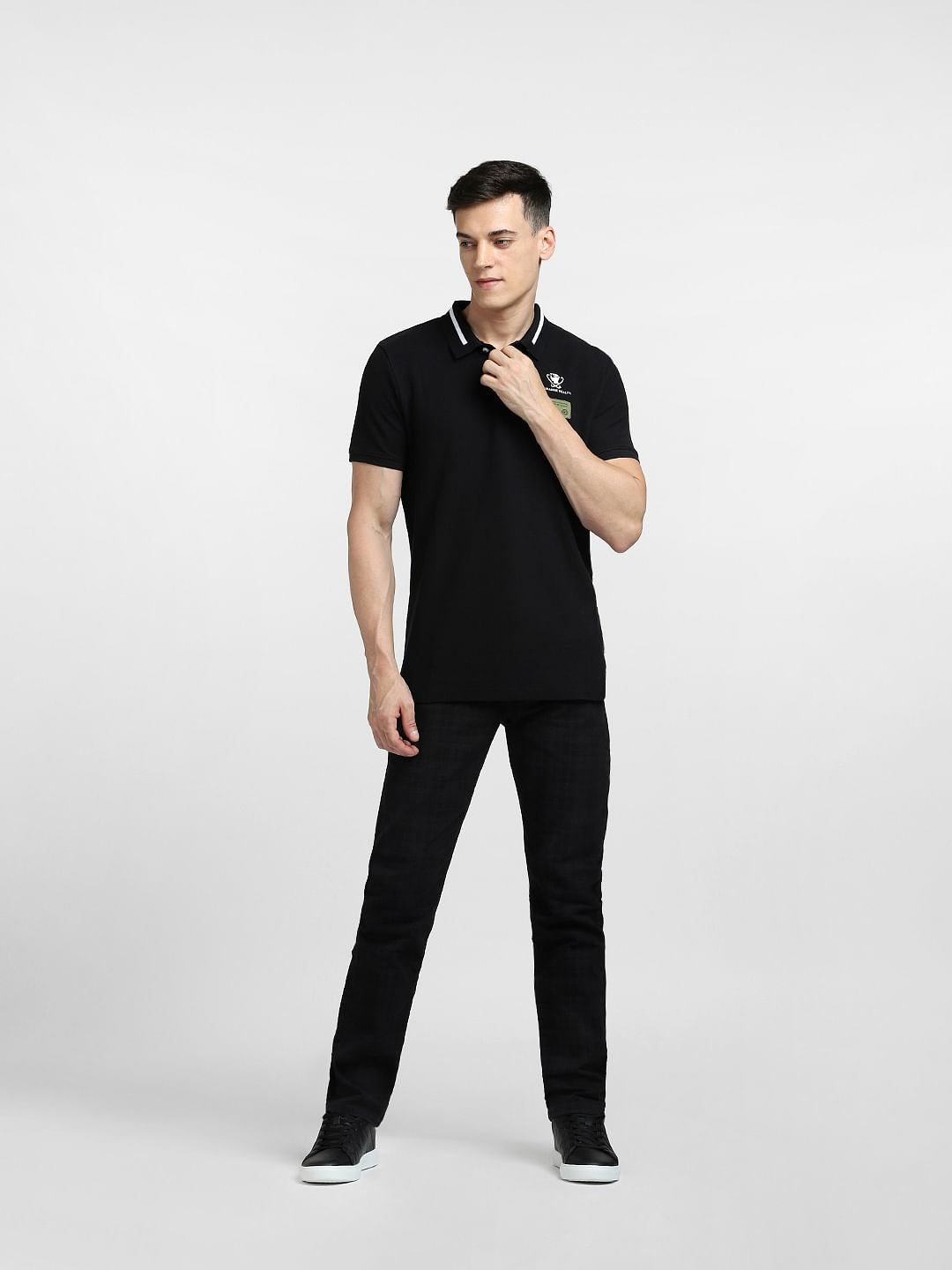 Black Text Print Polo Neck T-shirt