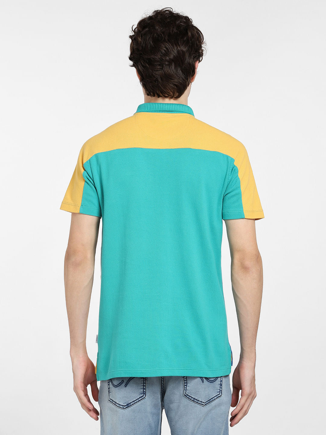 Teal Blue Colourblocked Polo T-shirt