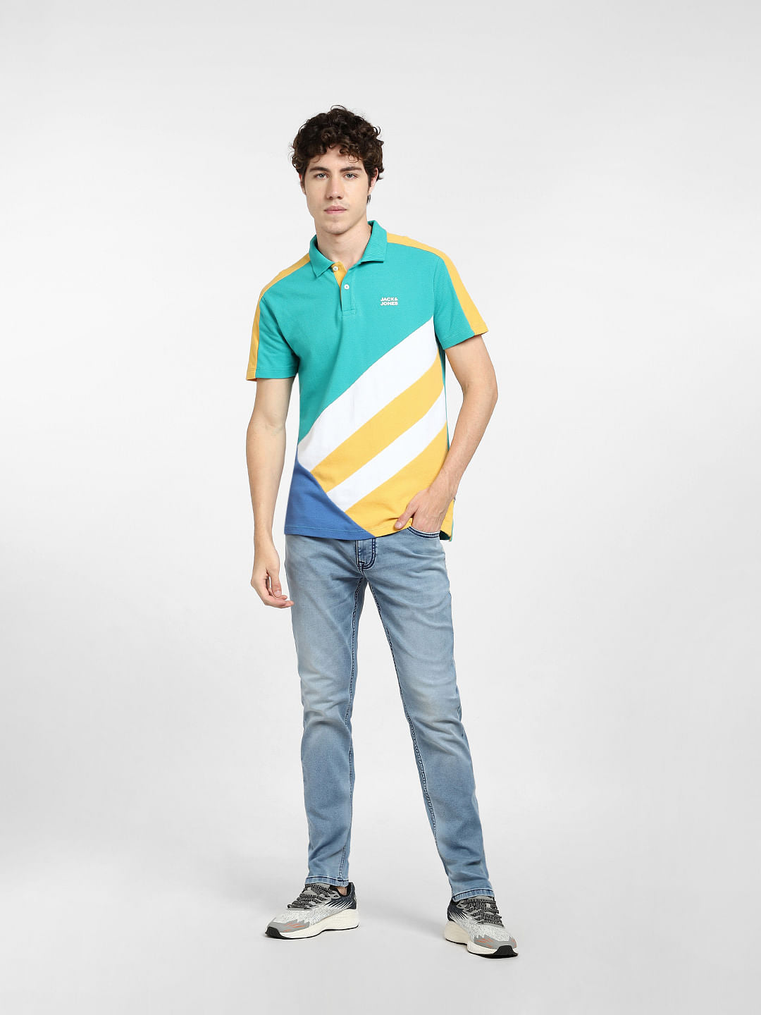 Teal Blue Colourblocked Polo T-shirt