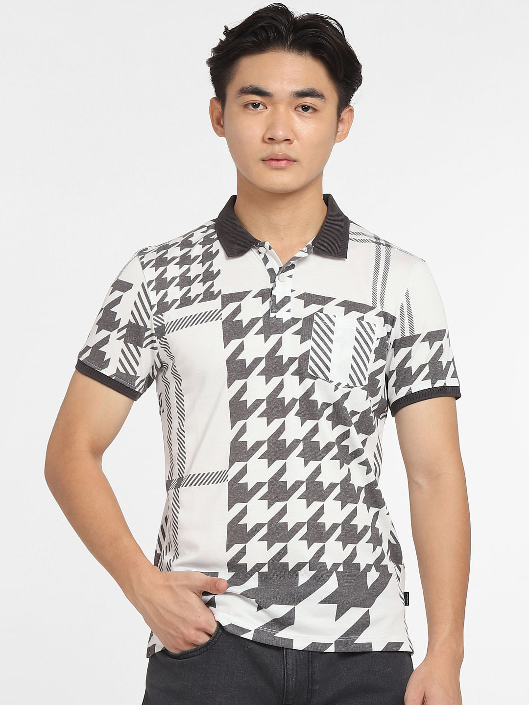 White Abstract Print Polo T-shirt