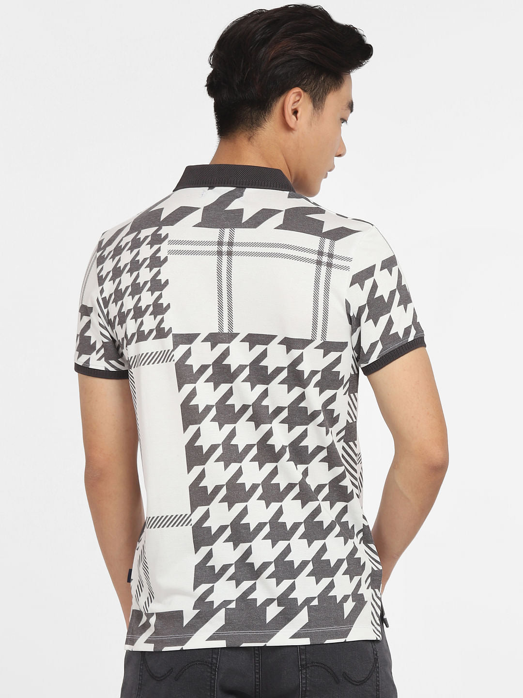 White Abstract Print Polo T-shirt