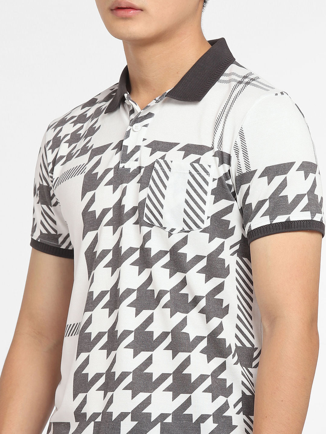 White Abstract Print Polo T-shirt