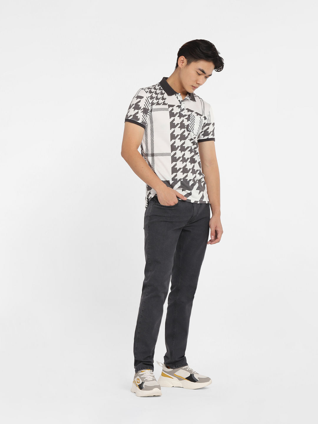 White Abstract Print Polo T-shirt
