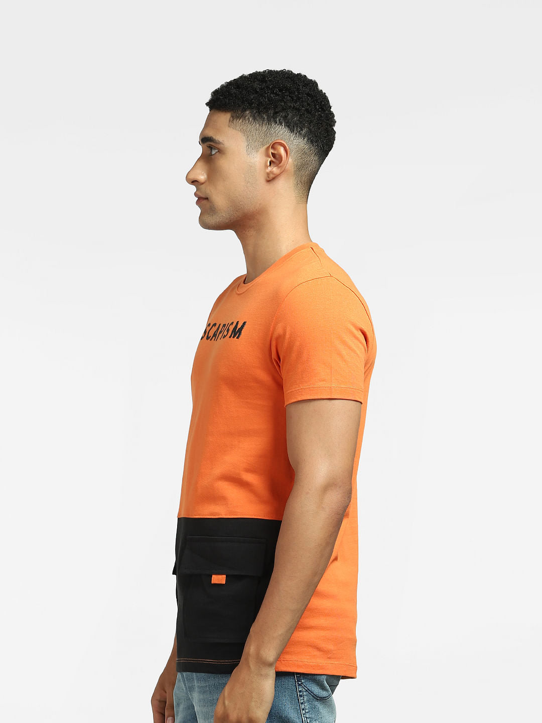 Orange Colourblocked Crew Neck T-shirt
