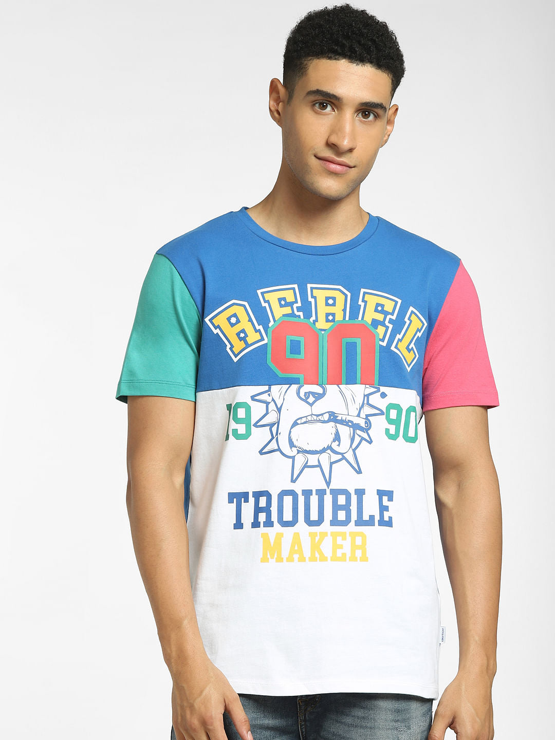 Blue Colourblocked Crew Neck T-shirt