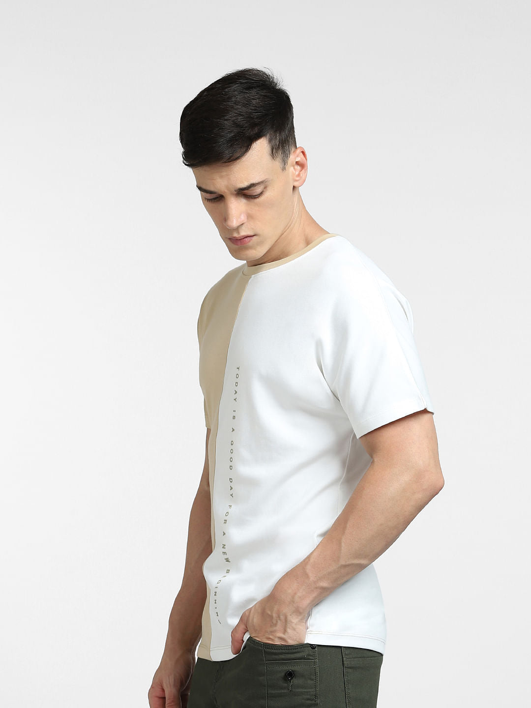 White Colourblocked Crew Neck T-shirt