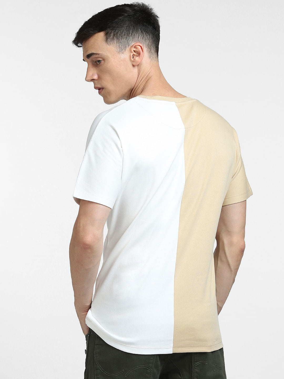 White Colourblocked Crew Neck T-shirt