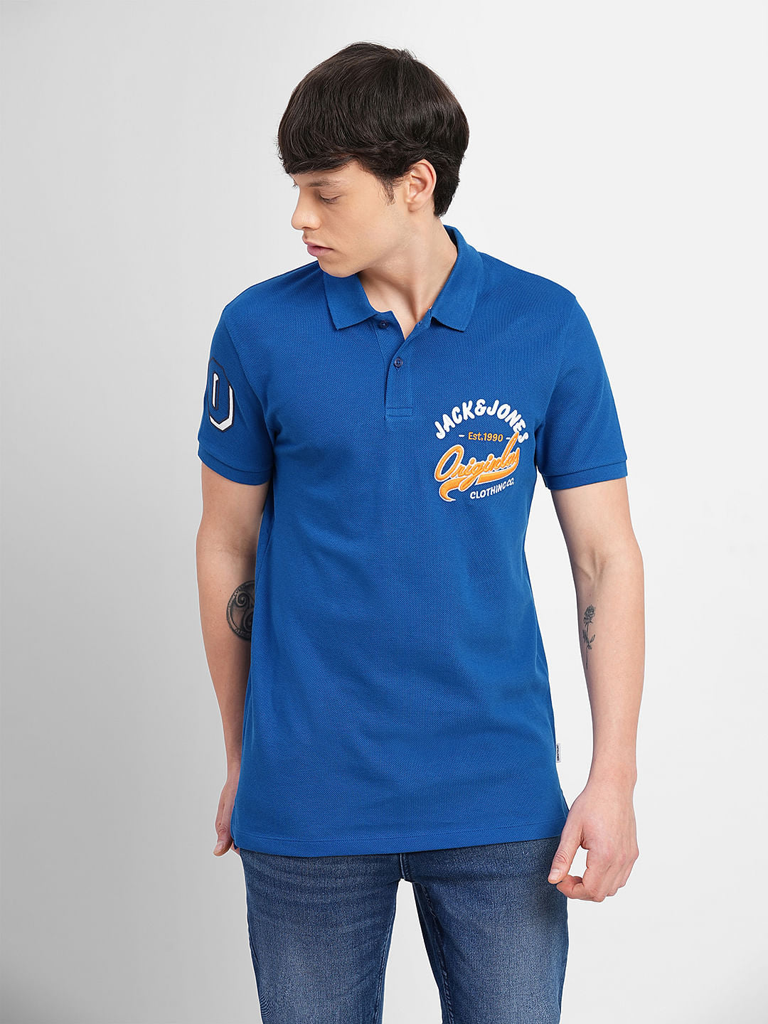 Blue Embroidered Print Polo T-shirt