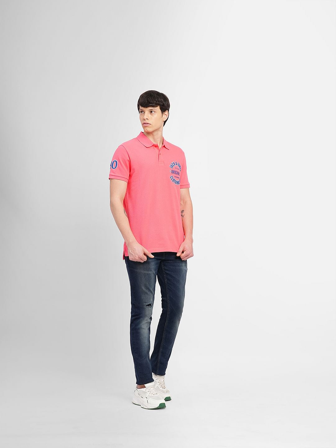 Pink Embroidered Print Polo T-shirt