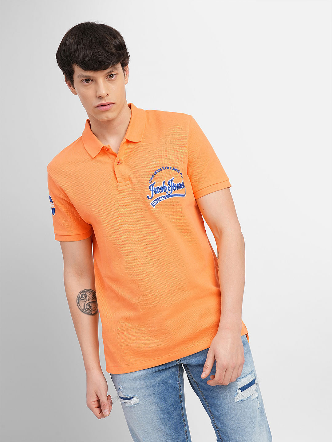 Orange Embroidered Print Polo T-shirt
