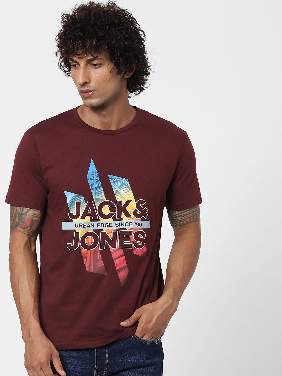 Maroon Graphic Logo Print Crew Neck T-shirt